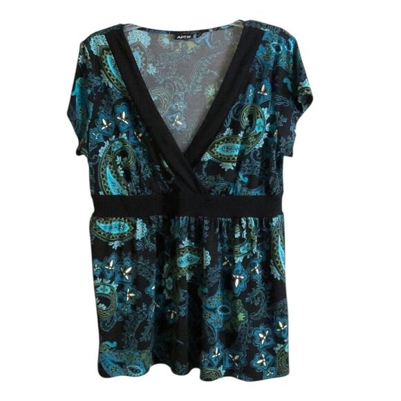 Apt 9 Tunic Shirt Women’s SZ L Teal Black Paisley Stretch Knit Empire Waist - Picture 3 of 9